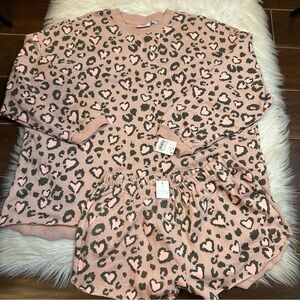 Mighty Fine Pink Heart Leopard Print Lounge Set Womens M Valentines Day NWT